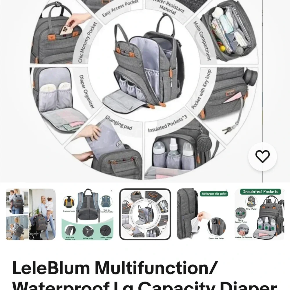 Leleblum Black Quilted Diaper Bag Backpack Travel Laptop‎ Bag Pacifier Pouch